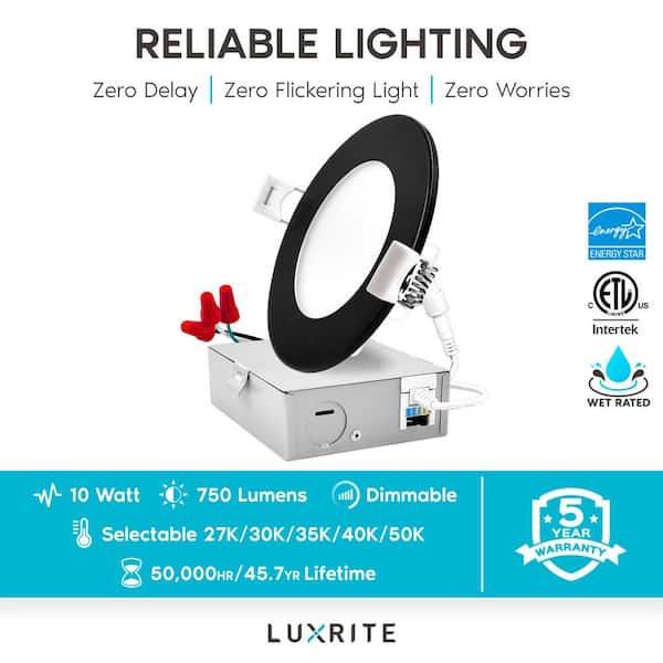 4 in. Canless Ultra Thin with J-Box 10-Watt CCT 2700K - 5000K Remodel Integrated LED Recessed Light Kit in Black