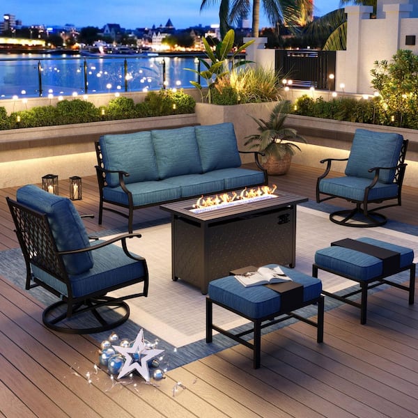 PHI VILLA Black Metal Meshed 7 Seat 6-Piece Steel Outdoor Fire Pit Patio Set with Peacock Blue Cushions Rectangular Fire Pit Table