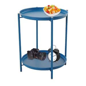 Peacock Blue 2-Tier Outdoor Side Table Weather-Resistant Steel Round End Table with Stability