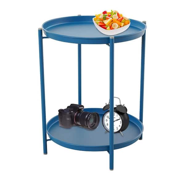 Dyiom Peacock Blue 2-Tier Outdoor Side Table Weather-Resistant Steel Round End Table with Stability