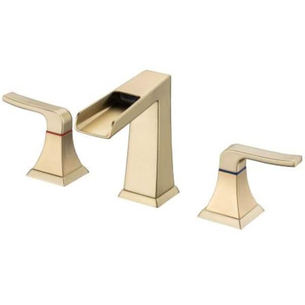 Lukvuzo Stainless Steel Double Handle Single Hole Deck-Mounted Bath Sink Faucet with Waterfall Rotatable Spout in Brushed Gold