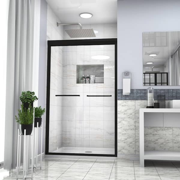 48 in. W x 76 in. H Double Sliding Framed Shower Door in Matte Black Finish with Clear Glass