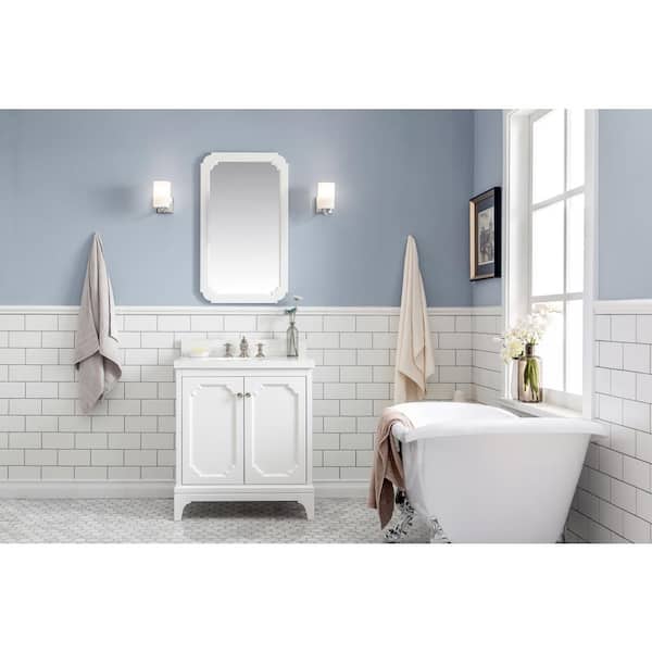Water Creation Queen 30 in. Bath Vanity in Pure White with Quartz Carrara Vanity Top with Ceramics White Basins and Mirror and Faucet