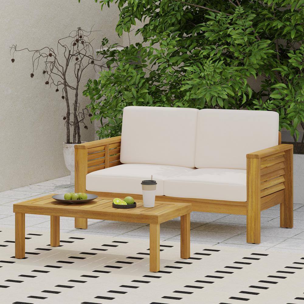 2-Seater Acacia Wood Outdoor Lounge Chair Sofa Set with Coffee Table and Cr