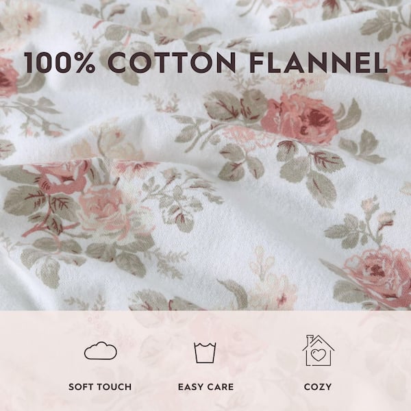 Lisalee 4-Piece Pink Floral Brushed Cotton Flannel Full Sheet sale Set