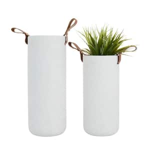 15 in., 12 in. White Ceramic Decorative Vase with Leather Handles (Set of 2)