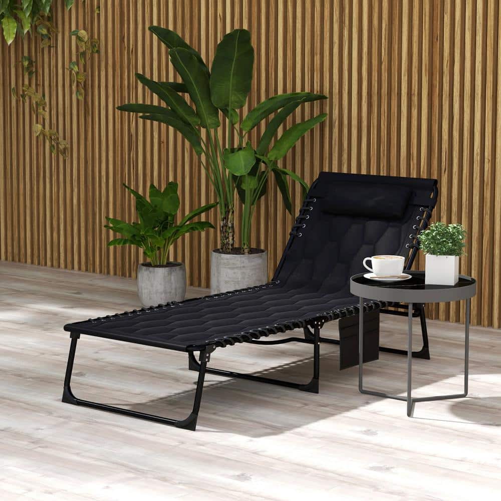 Black Padded Folding Armless Chaise Lounge with Cushions