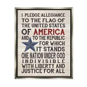Pledge of Allegiance Stars and Stripes Wood Look Sign by Jo Moulton Floater Frame Country Wall Art Print 21 in. x 17 in.