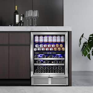 23.47 in. Dual Zone 27-Wine Bottles & 90-Cans Beverage & Wine Cooler in Silver Reversible Door Hinge Interior Blue LED