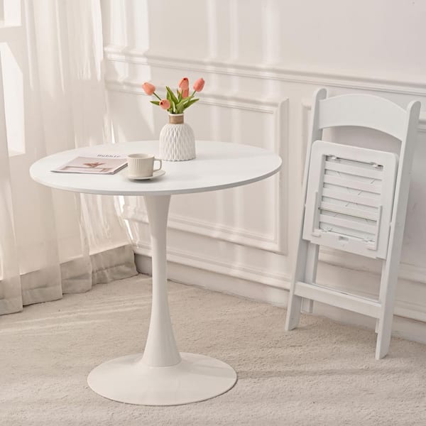 Harper & Bright Designs White Wood Top 31.5 in. Metal Base Pedestal Dining Table Seats 4