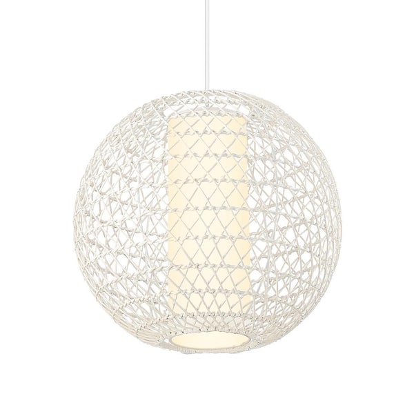 JAZAVA 60- Watt 1-Light White Boho Woven Pendant Light with Handwoven Rattan Shade