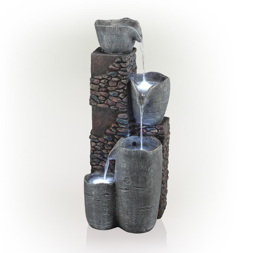 42" Gray Polyresin 4-Tier Outdoor Fountain with LED Lights