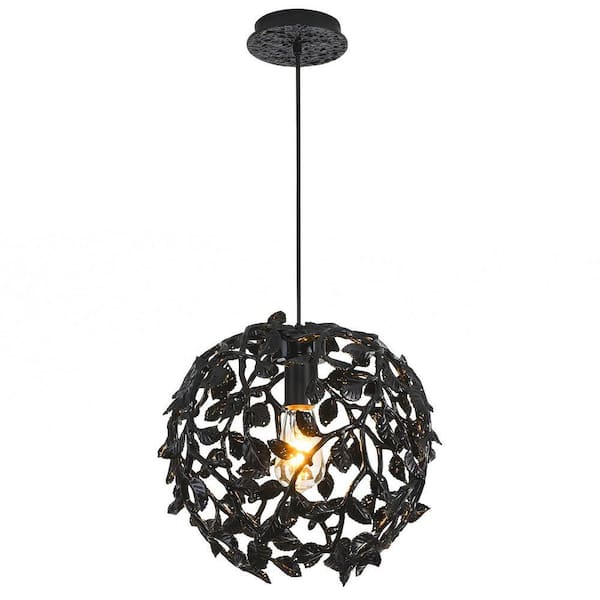 13.8 in. 1-Light Black Round Tree Branch Kitchen Island Pendant Light, Spherical Leaf Pendant Lighting for Dinning Room