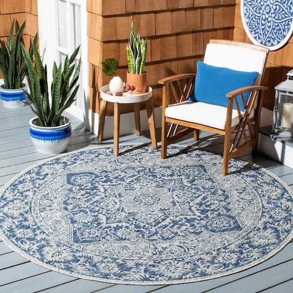 7' Round Gray and White Floral Medallion Area Rug