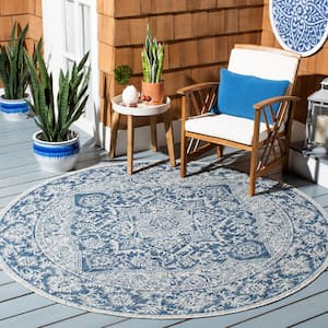Courtyard Light Gray/Navy 7 ft. x 7 ft. Border Medallion Floral Indoor/Outdoor Patio  Round Area Rug