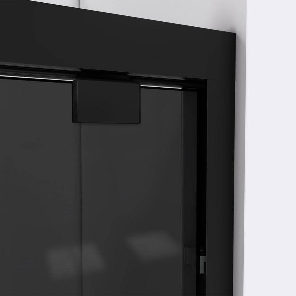 Encore Matte Black Semi-Frameless Sliding Tub Door with Smoke Gray Glass