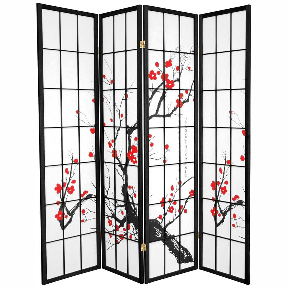 Homestyle4u 2007 Wood 6 Panel Room Divider Black Folding Screen Movable Partition Shoji Paper Cherry Blossom