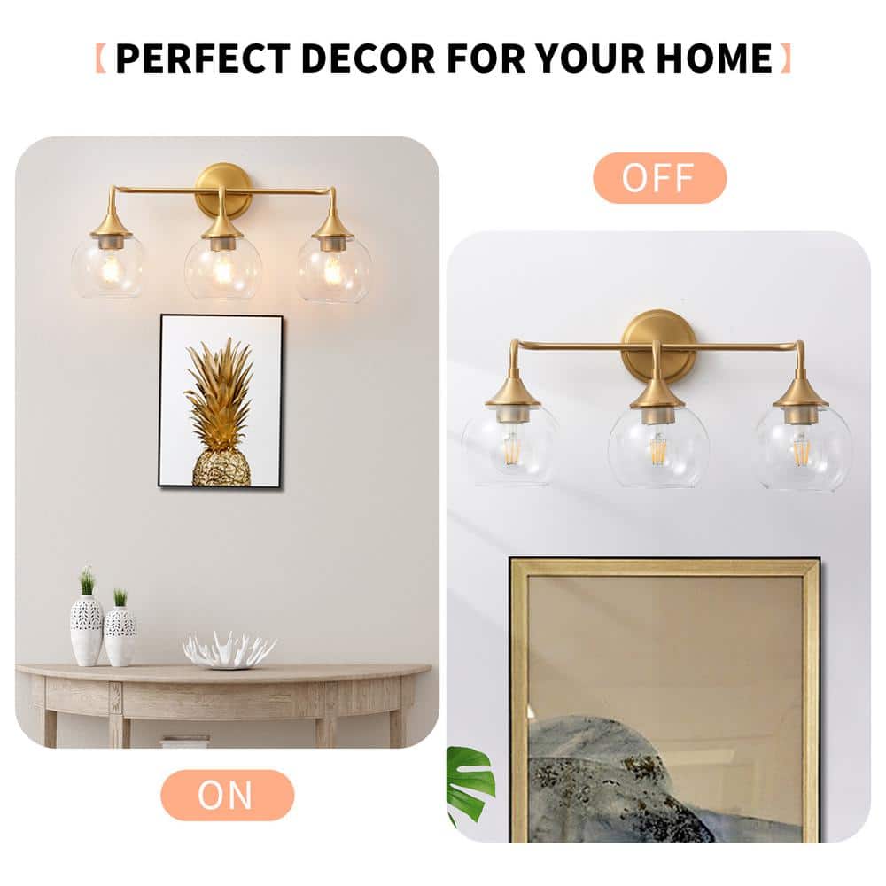 Gold 22.4" 3-Light Vanity Fixture with Clear Glass Shades