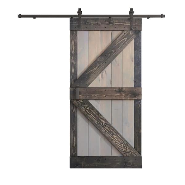 K Series 42 in. x 84 in. Light Grey/Carbon Grey Knotty Pine Wood Sliding Barn Door with Hardware Kit