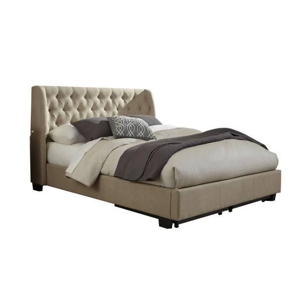 Benjara Pax Beige Wood Frame Queen Size Panel Bed with