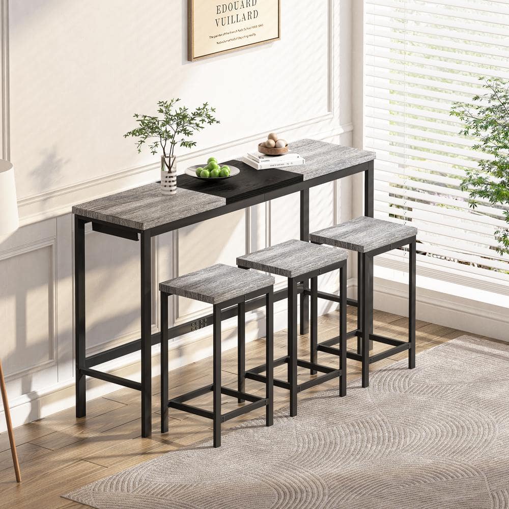 Grey Black 4-Piece MDF and Metal Outdoor Dining Set, Modern Long Dining Tab