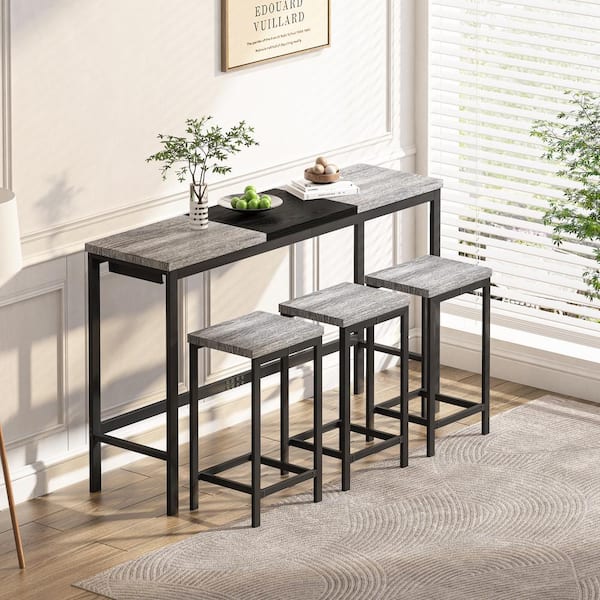 Unbranded Grey Black 4-Piece MDF and Metal Outdoor Dining Set, Modern Long Dining Table Set with 3 Stools for Dining Room