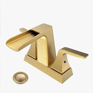 4 in. Centerset Double Handle High Arc Waterfall Bathroom Faucet 1.5 GPM with Pop-up Drain Included in Brushed Gold