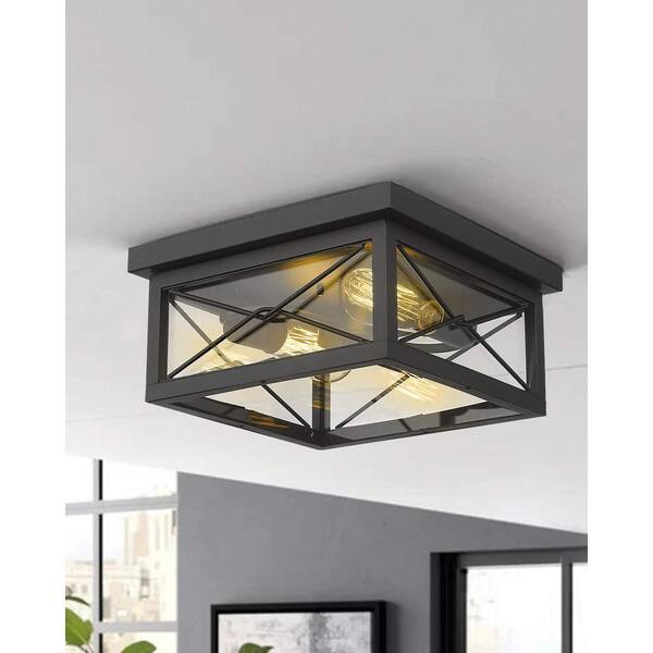 JAZAVA 12 in. 2-Light Black Flush Mount Farmhouse Ceiling Light