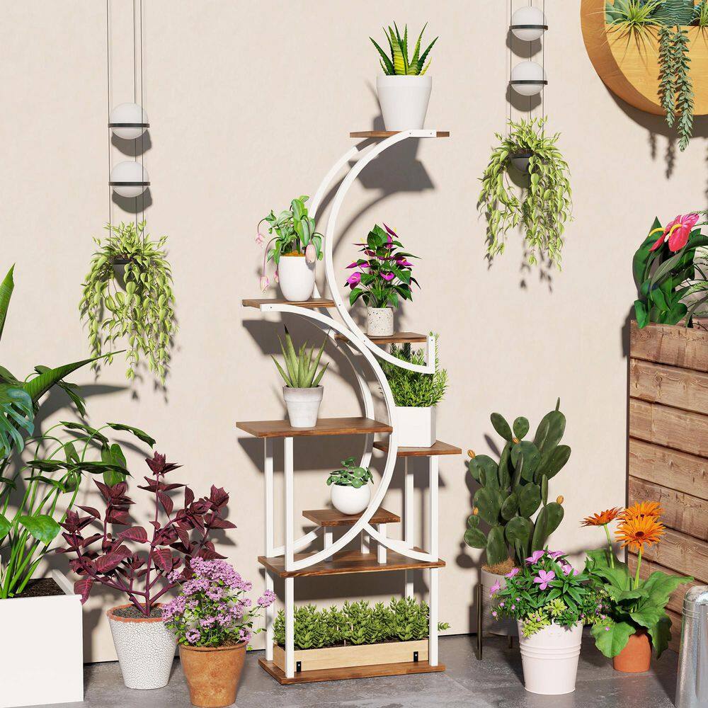 Carbonized Finish White Steel and Fir Wood 8-Tier S-Shaped Plant Stand