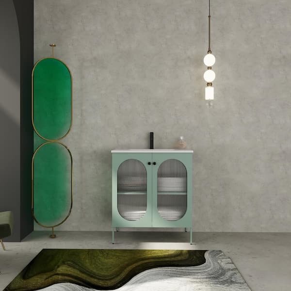Unbranded 30 in. W. x 18 in. D x 34 in. H Freestanding Bath Vanity in Mint Green with White Ceramic Top