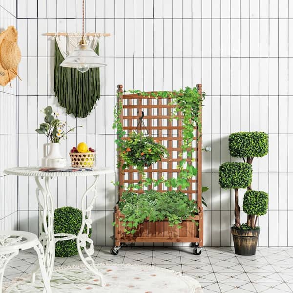ANGELES HOME 25 in. x 6.5 in. x 11 in. Solid Wood Raised Garden Bed Planter Box with Trellis and Caster