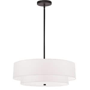 Everly 4-Light Matte Black Shaded Pendant Light with White Fabric Shade