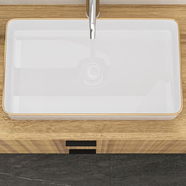 24 in. Vessel Rectangular Bathroom Sink in White Ceramic