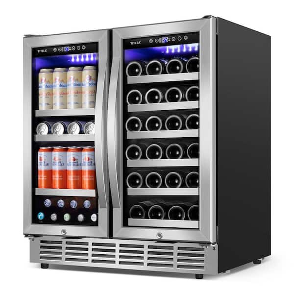 30 in. Dual Zone 33-Wine and 80-Can Beverage and Wine Cooler Refrigerator in Silver with Blue LEDs - Stainless Steel
