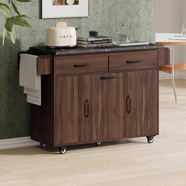 Wood Walnut Brown Outdoor Bar with Wheels, Rolling Kitchen Cart