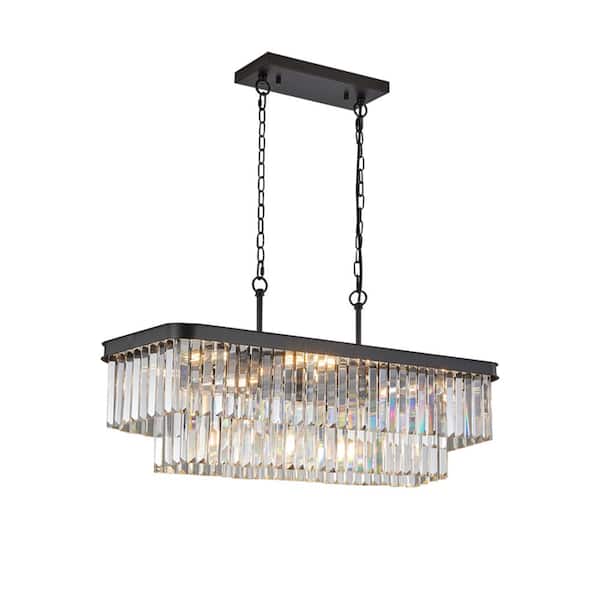 Rectangular 11-Light Black Crystal Chandelier Iron Ceiling Hanging Light for Kitchen Island (Bulb Not Included)