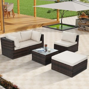 5-Piece PE Wicker Outdoor Patio Conversation  Furniture Set with Tempered Glass Table and Beige Seat and Back Cushions