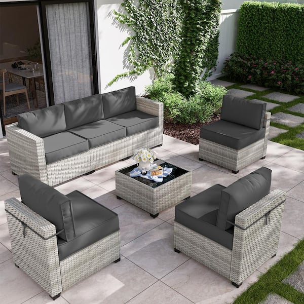 Kimunuk 7-Piece Wicker Outdoor Sectional Set with Grey Cushion 7-Sofa ...