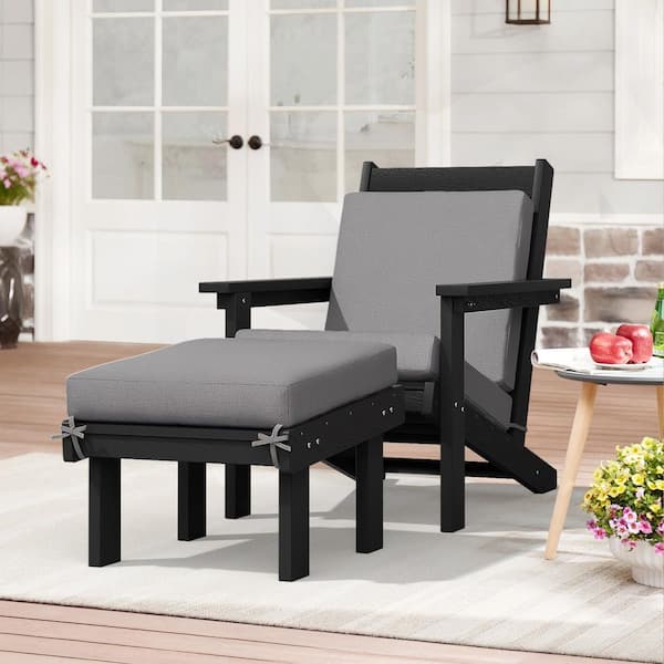 JEAREY Classic Outdoor Patio HDPE Plastic Adirondack Chair with Footrest Ottoman in Black