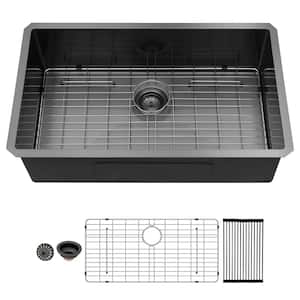 16-Gauge Gunmetal Black Stainless Steel 30 in. Single Bowl Undermounted Kitchen Sink with Bottom Grid