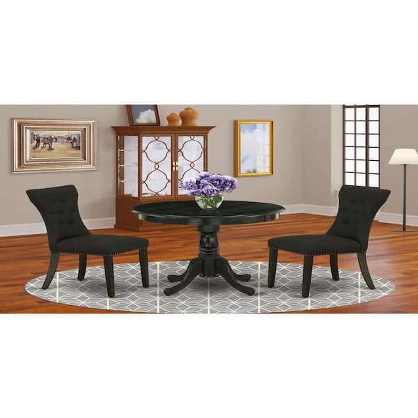 East West Furniture 3-Piece Wirebrushed Black Solid Wood Top - Round Dining Room Set - Seats 4