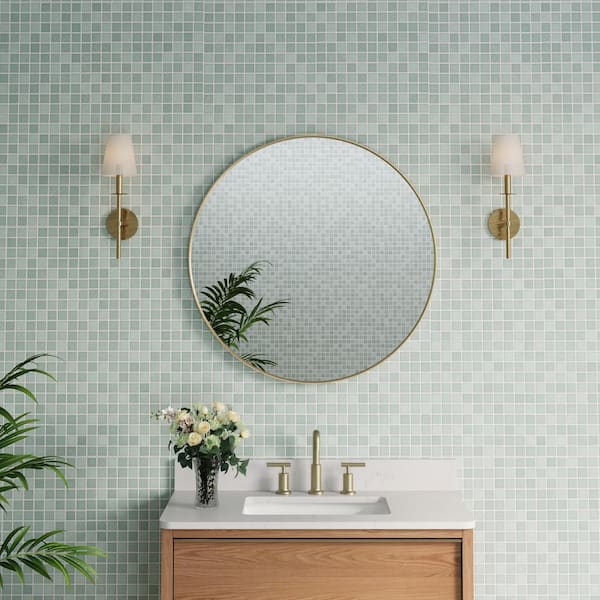 ANGELES HOME 32 in. W. x 32 in. H Round Framed Wall Bathroom Vanity Mirror Decor Mirror in Brushed Gold