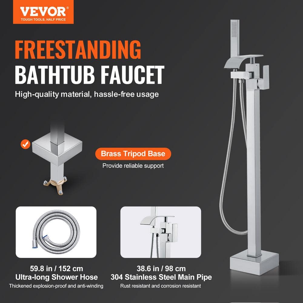 Polished Chrome Freestanding Bathtub Faucet with Handheld Shower