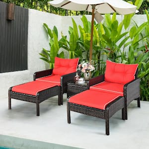 Brown 5-Piece Rattan Wicker Patio Conversation Sofa Ottoman Set with Red Cushions