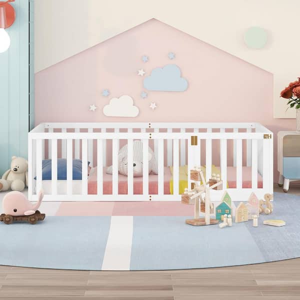 White Twin Size Montessori Bed with Fence and Door, Toddler Floor Bed Frane Twin Size, Floor Bed frame for Kids