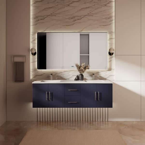 Lexora Geneva 60 in. W x 22 in. D Navy Blue Double Bath Vanity, White Quartz Top, and Faucet Set