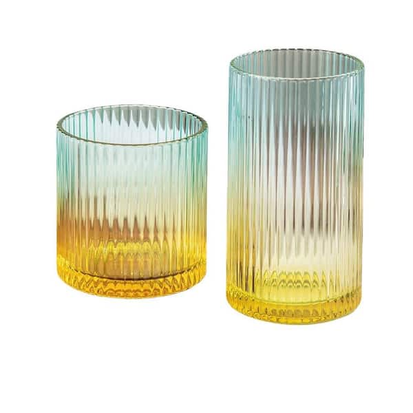 10 oz. and 12 oz. Yellow Ribbed Highball Glasses Set of 8, Tumbler Cups for Cocktails and Entertaining, Dishwasher Safe