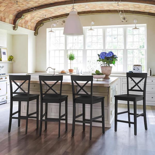 24 in. Black Wood Bar Stool, Counter Chair (Set of 4)
