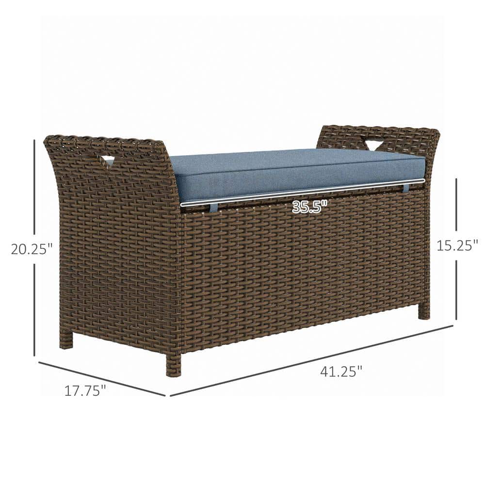 Dark Blue PE Rattan Wicker Outdoor Storage Bench with Cushion