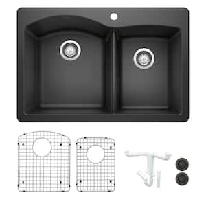 Diamond 33 in. Drop-in/Undermount Double Bowl Anthracite Granite Composite Kitchen Sink Kit with Accessories